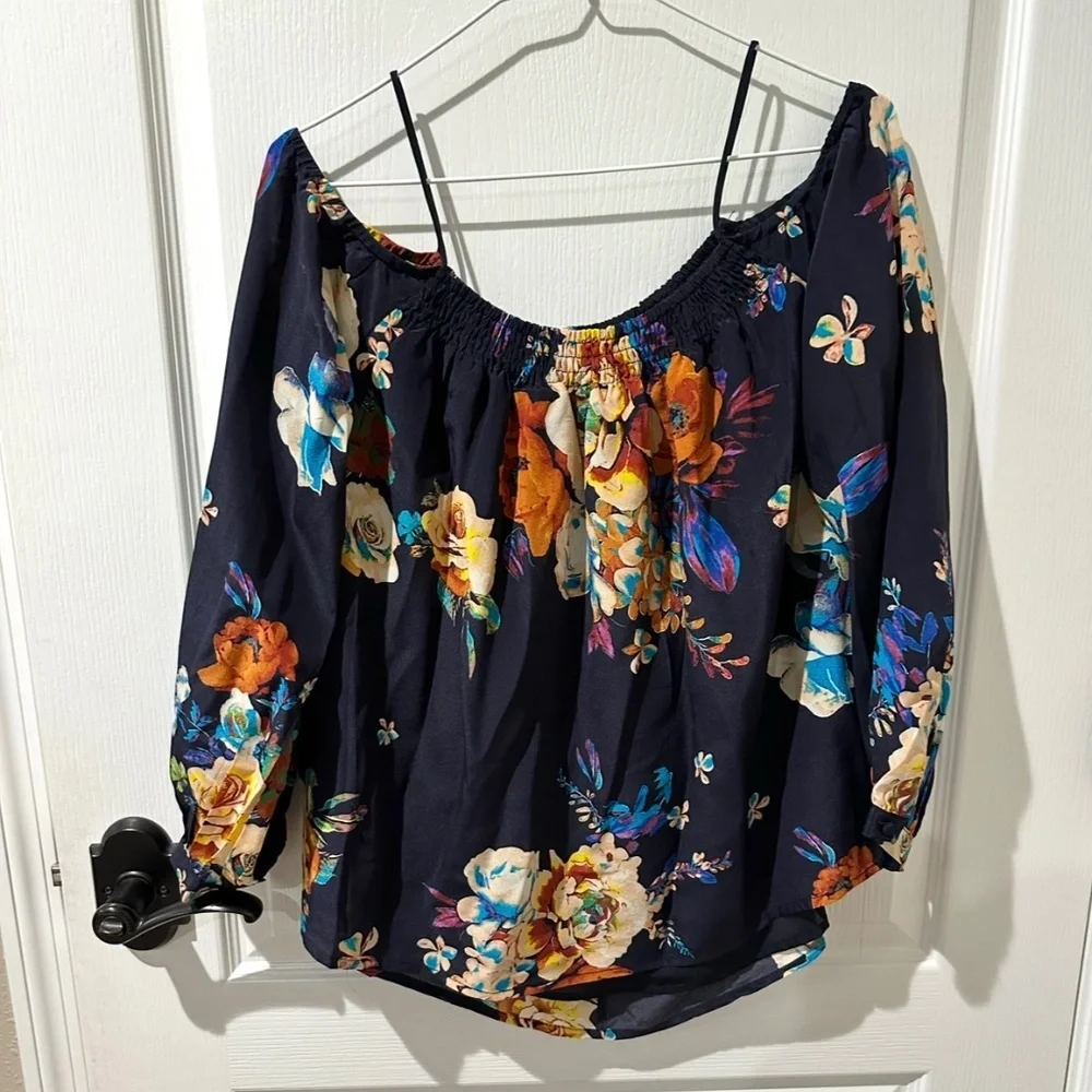Anthropologie Maeve Blue Tallie Open Shoulder Silk Blouse xs - Picture 2 of 9